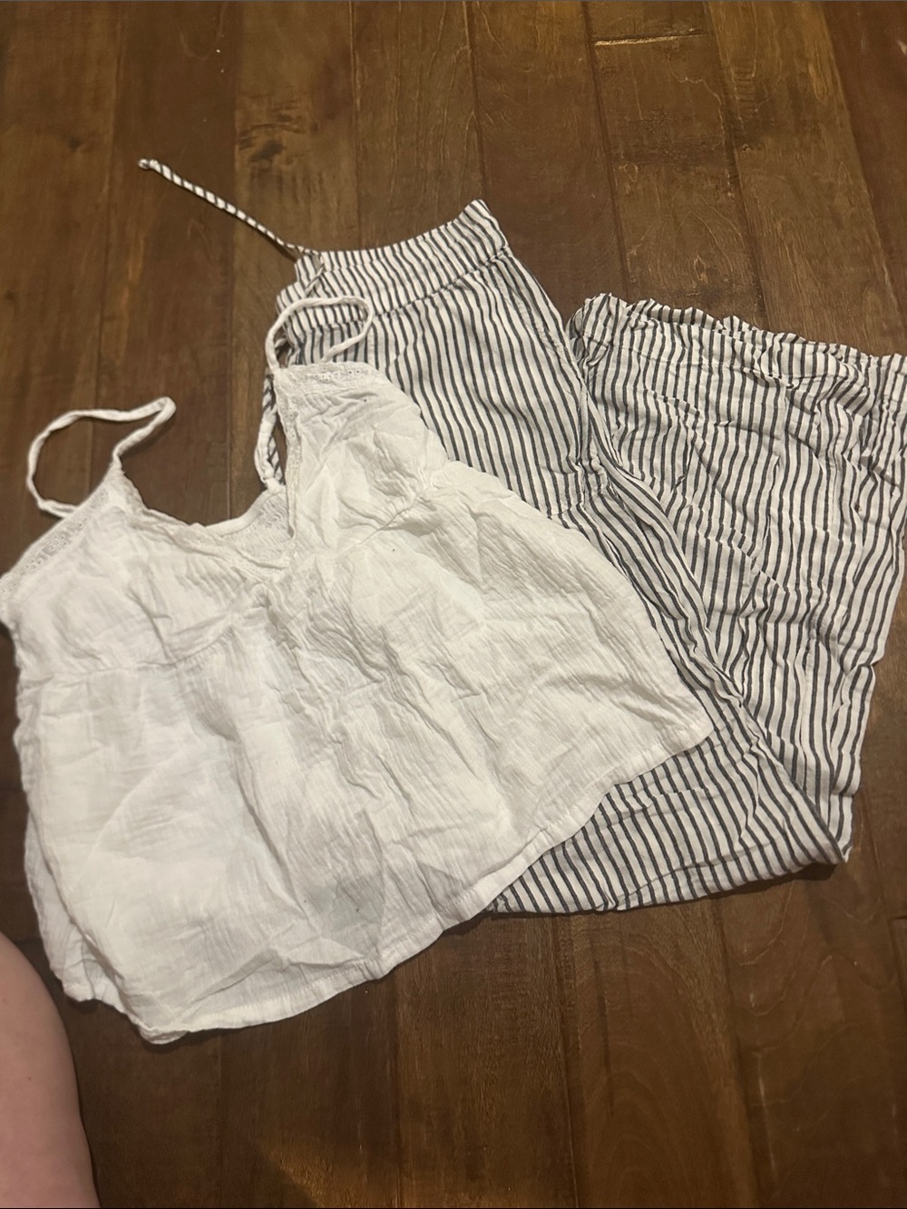 Lightweight White Cami & Navy Stripe Lounge Pants Set